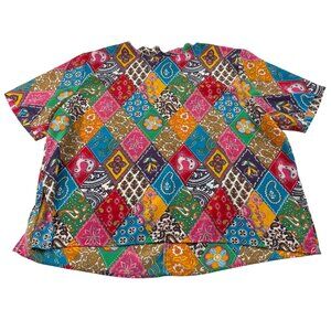 Notations Woman Vintage Blouse size 24W Colorful Patchwork Design Short‎ Sleeve